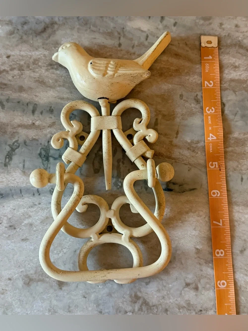 Decorative Cream Bird Wall Hook - Rustic/Distressed Cast Iron Accent